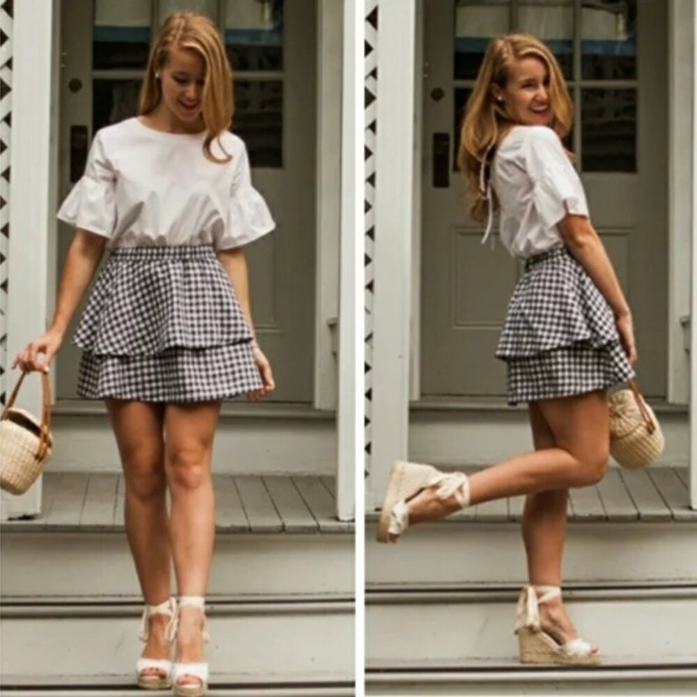 Madewell Pleated Blue & White Plaid Mini Skirt | Size Medium